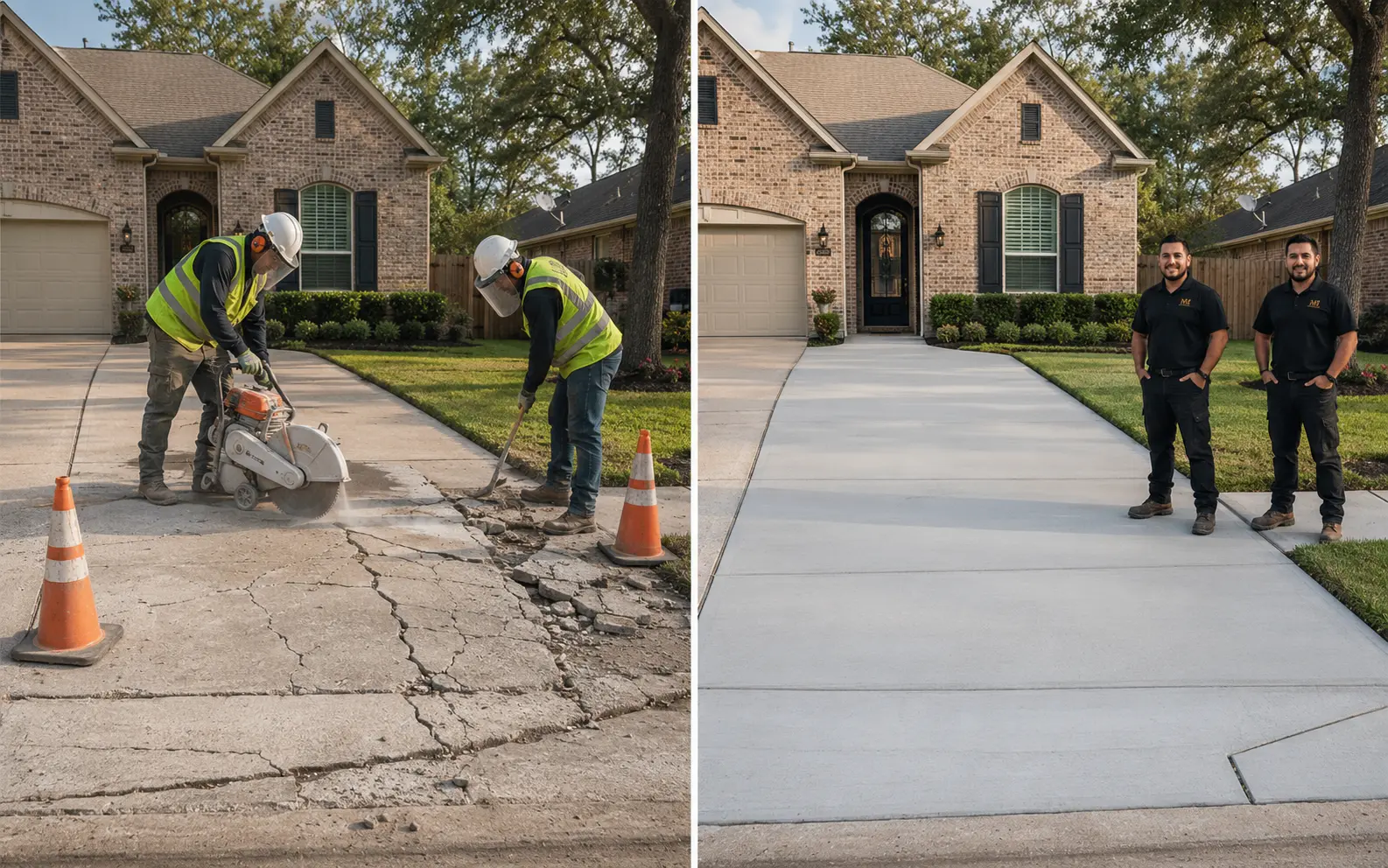 Before and after concrete driveway reconstruction