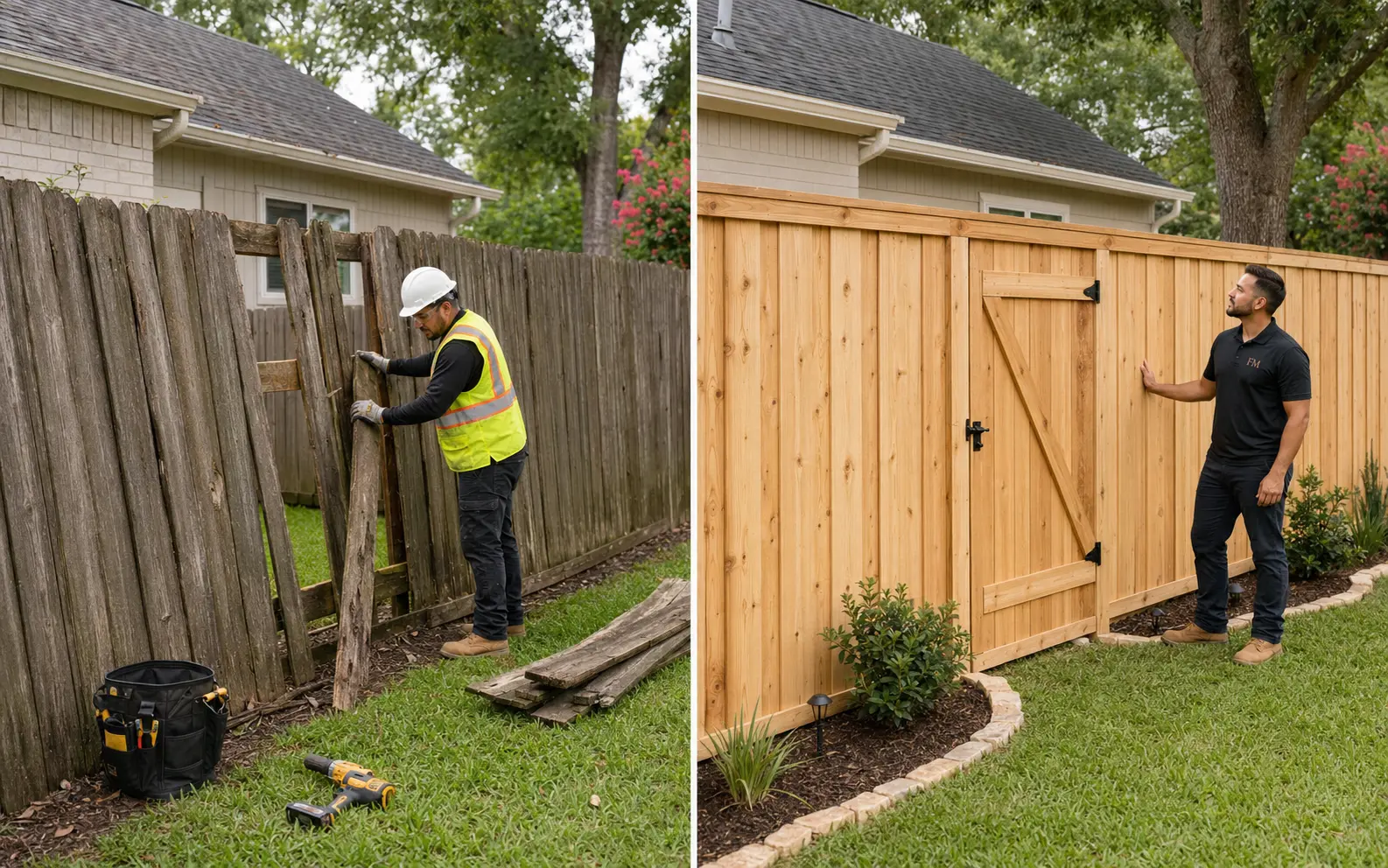 Before and after cedar fence replacement