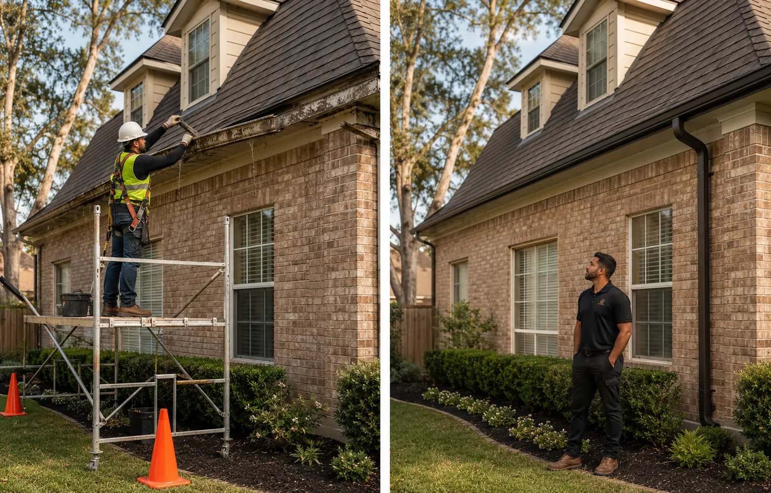 Before and after seamless gutter replacement