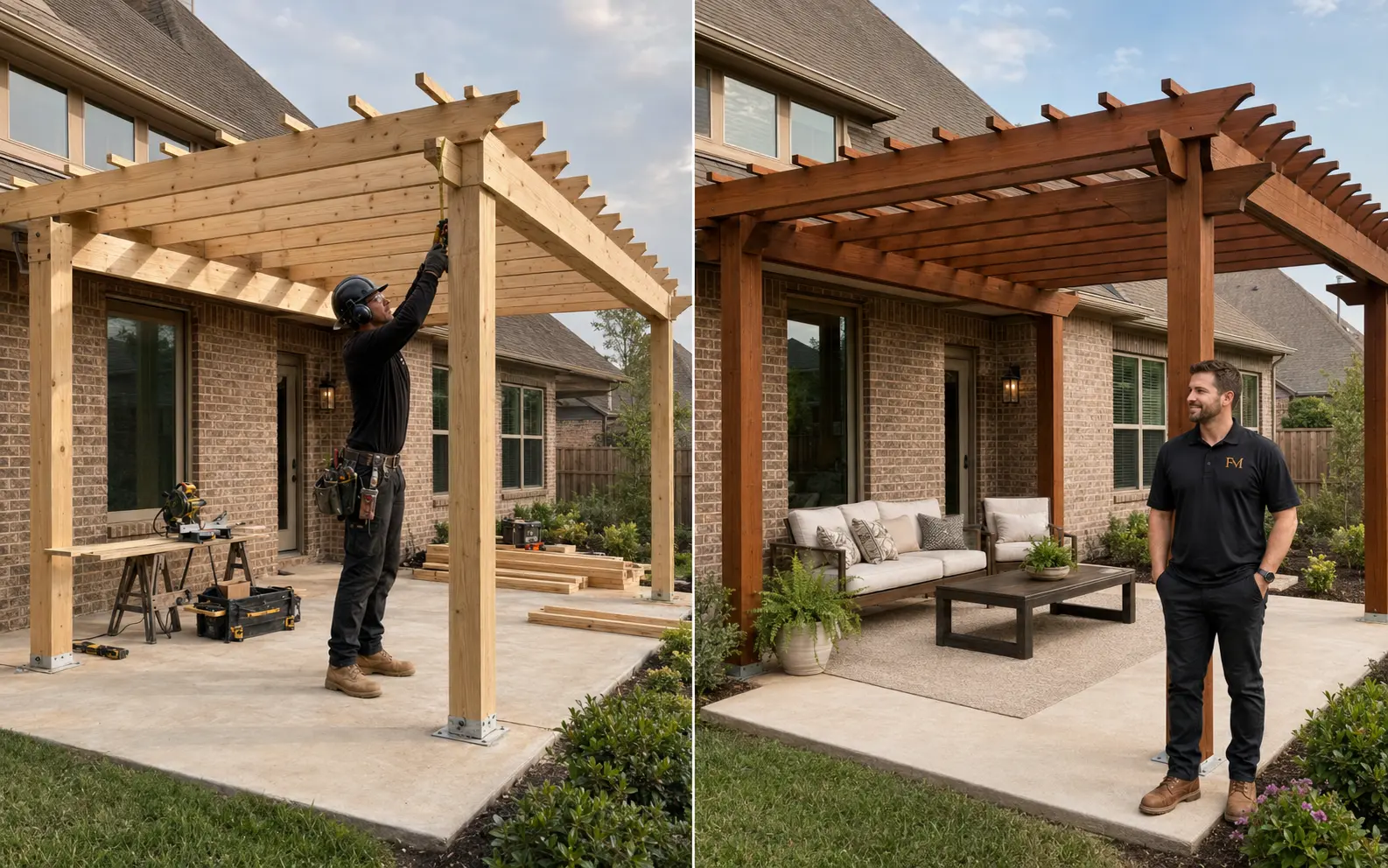 Before and after custom pergola construction