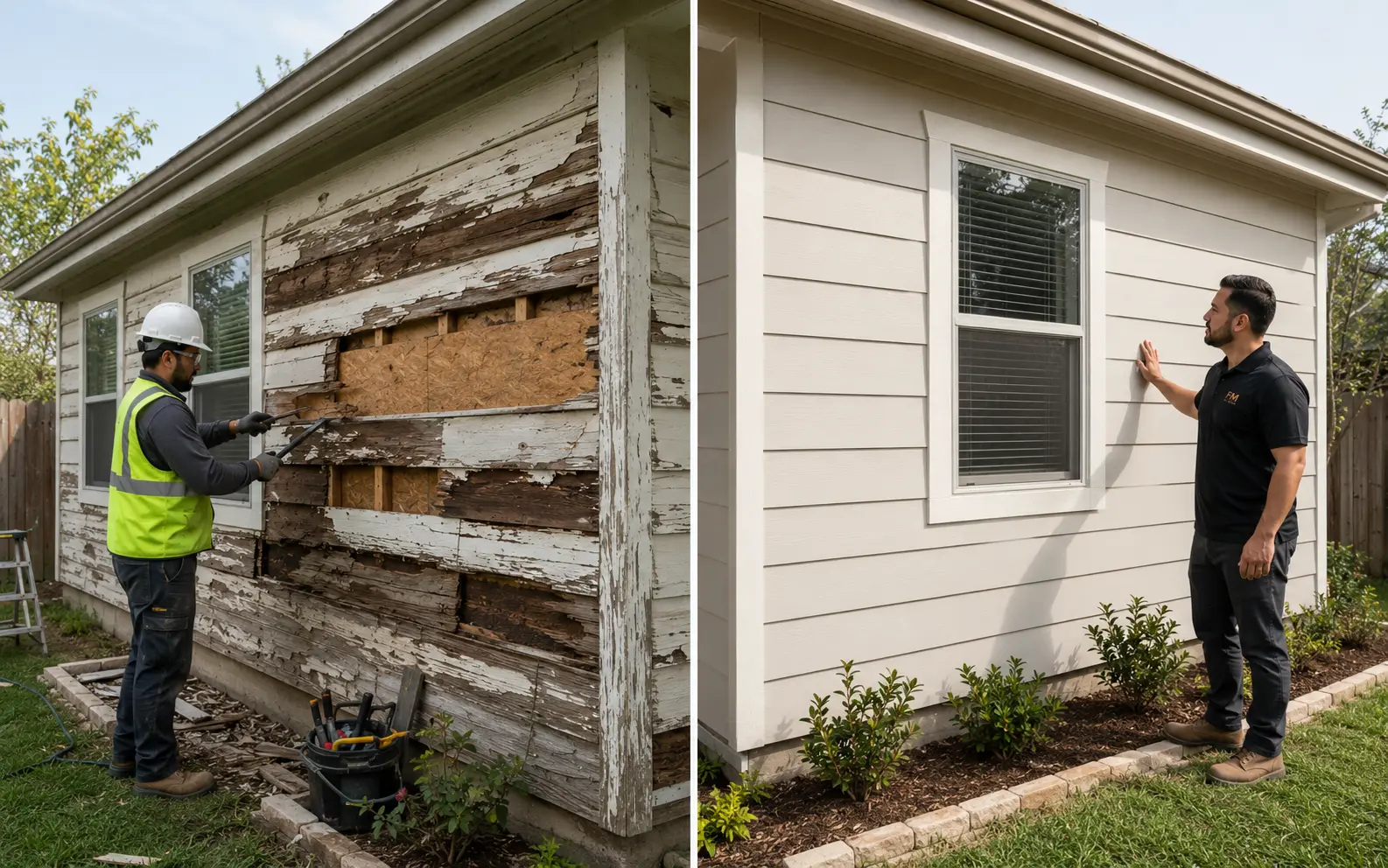Before and after fiber cement siding replacement